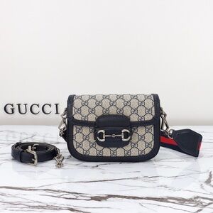 Gucci Beige GG Canvas Crossbody with Navy Leather Trim and Red Accent